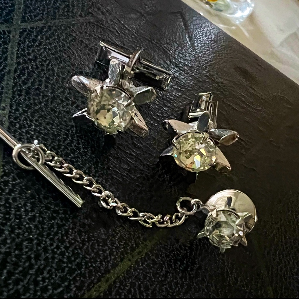 Vintage Art Deco Inspired Unisex Crystal Starlights Cufflinks and Tie-Tac Set